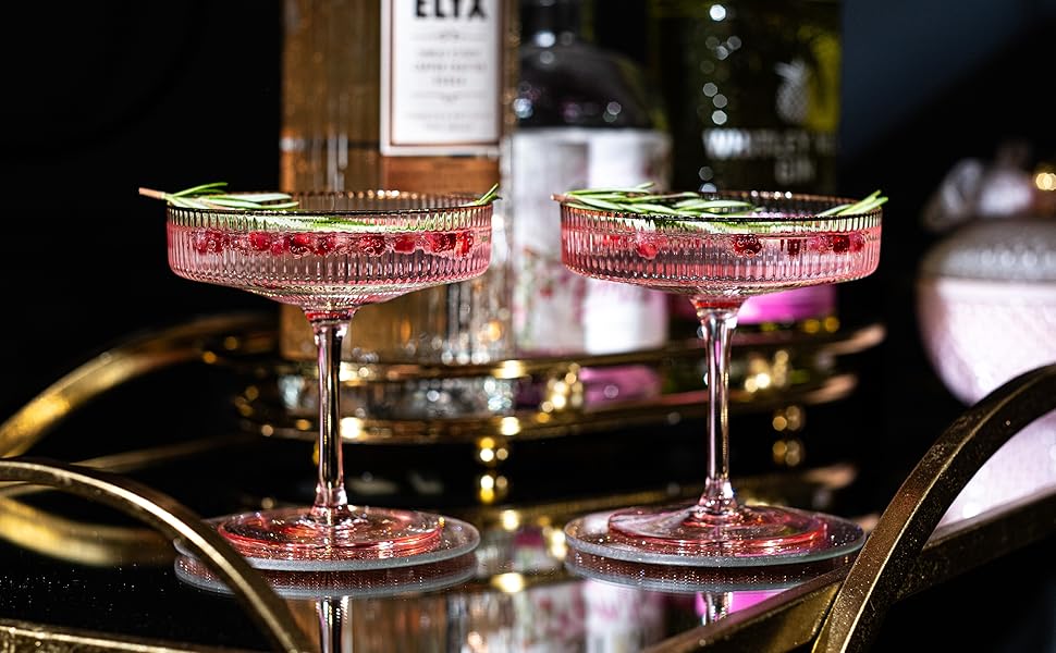 Набір келихів Art Deco з вишуканим рожевим кольором та золотим обідком (4 шт, 200 мл) | Для шампанського, коктейлів (Espresso Martini, Cosmopolitan, Daiquiri) | Скляні чаші для бару Speakeasy