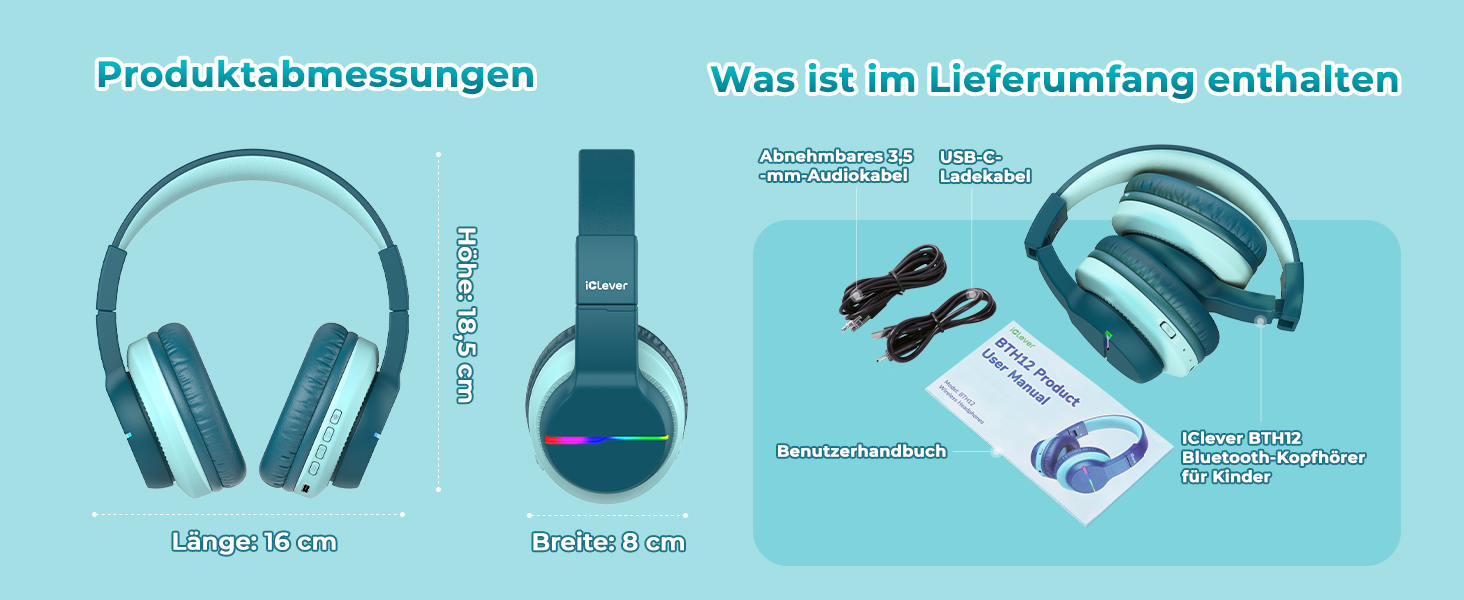 iClever навушники Bluetooth для дітей з LED-підсвіткою, Over-Ear, обмеження гучності 74/85dBA, 85 годин роботи, Bluetooth 5.2, мікрофон, BTH12, зелені