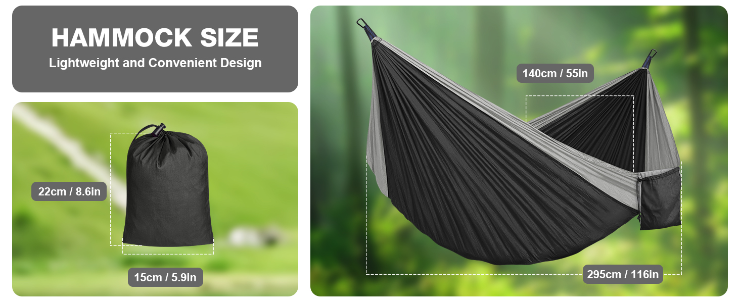 Гамак дорожній Camping 295x140 см, вантажність 350 кг, з карабінами та ременями, чорно-сірий