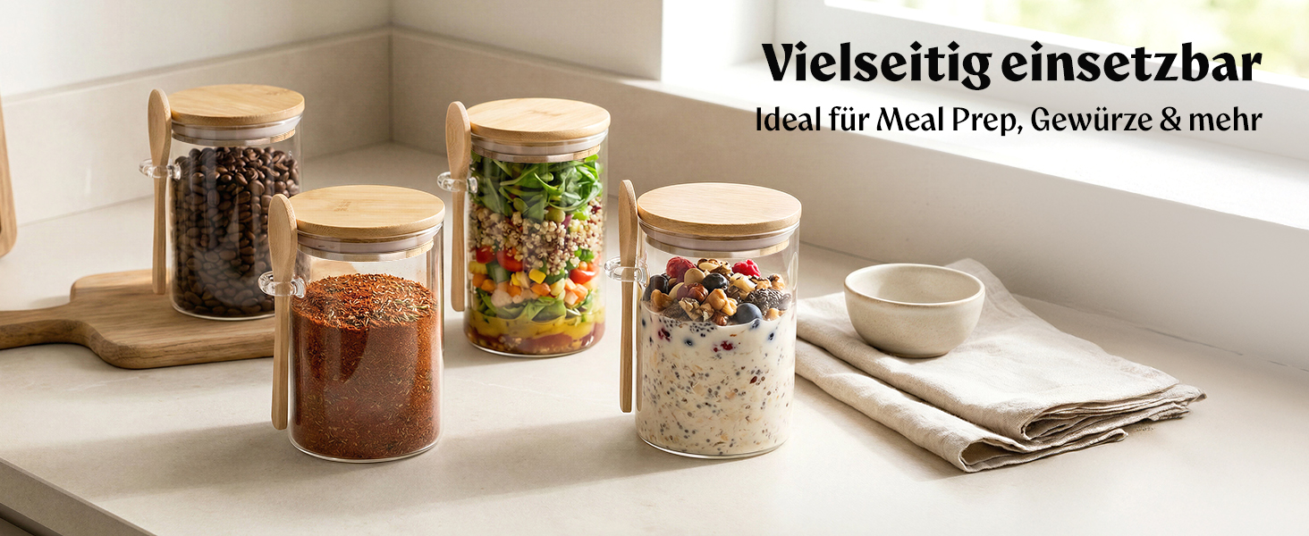 EDELHAUS Банки для Overnight Oats 4x500 мл з кришками, етикетками та ложками - герметичні скляні банки для вівсянки, йогурту, чиа-пудингу, спецій