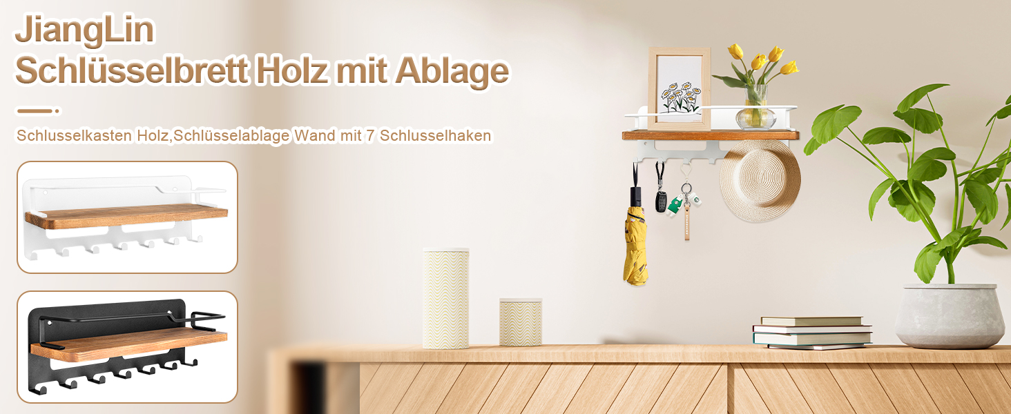 Дерев'яне ключове дошка JiangLin з полицею, декоративний тримач для ключів, настінна ключниця з 7 гачками, для входу, коридору, вітальні (білий)