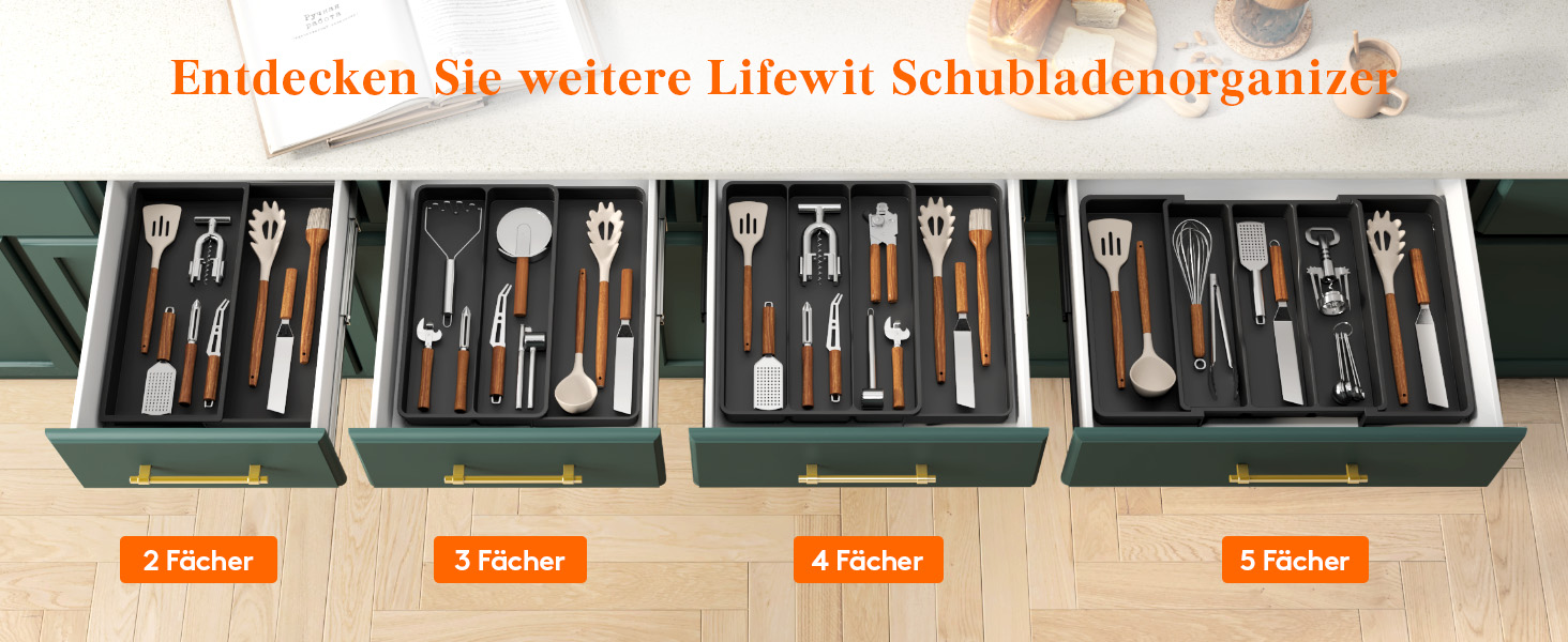 Органайзер для столових приладів Lifewit в шухляду, розширюваний (43.9 см), чорний, 40 см глибина, для кухні, ложок, ножів, лопаток