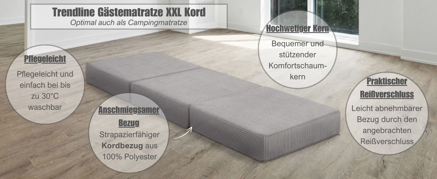 Badenia Trendline Foldable Guest Mattress with Durable Microfiber Cover, Öko-Tex Certified, 196 x 65 x 8.5 cm Sleeping Area, produced according to German quality standards. Height 8.5 cm (Light Gray - Cord, Height 15.5 cm)