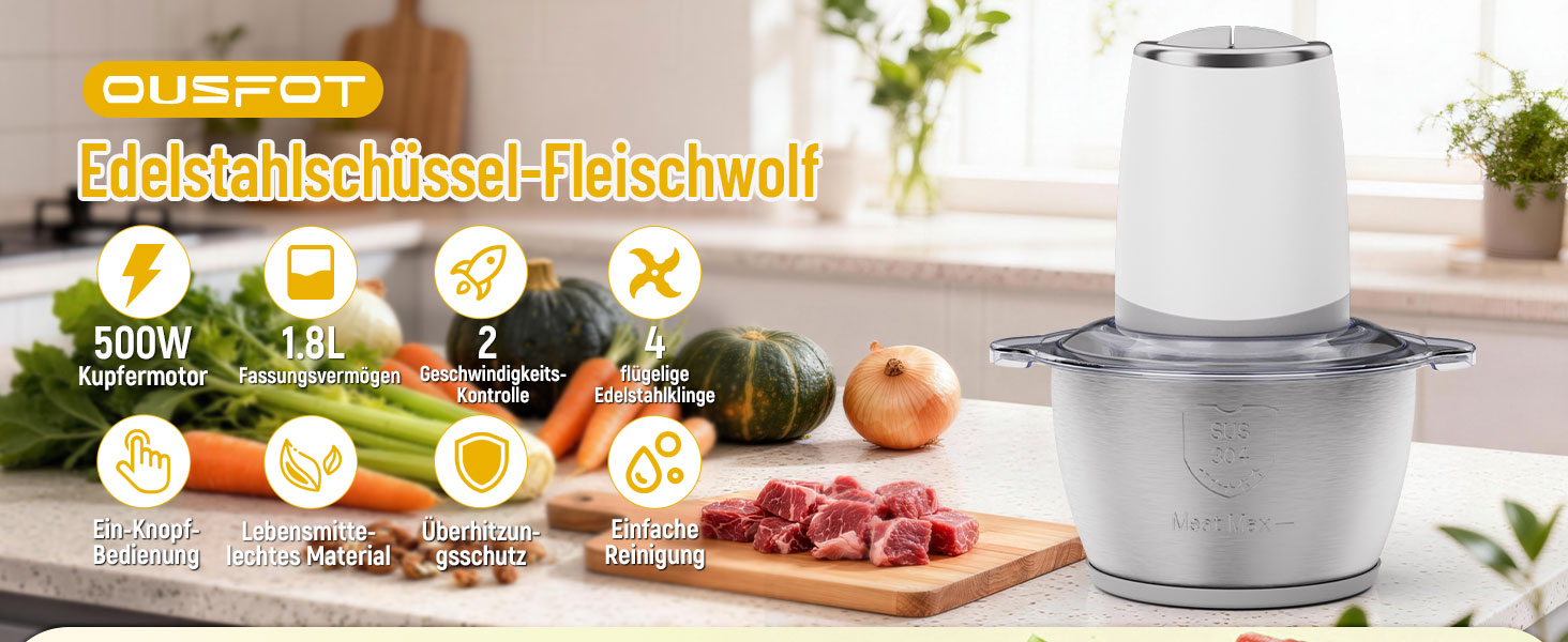 Електричний подрібнювач OUSFOT Multizerkleinerer, 1.8L, 500W, скляна чаша, для овочів, фруктів, м'яса, кухня (білий)