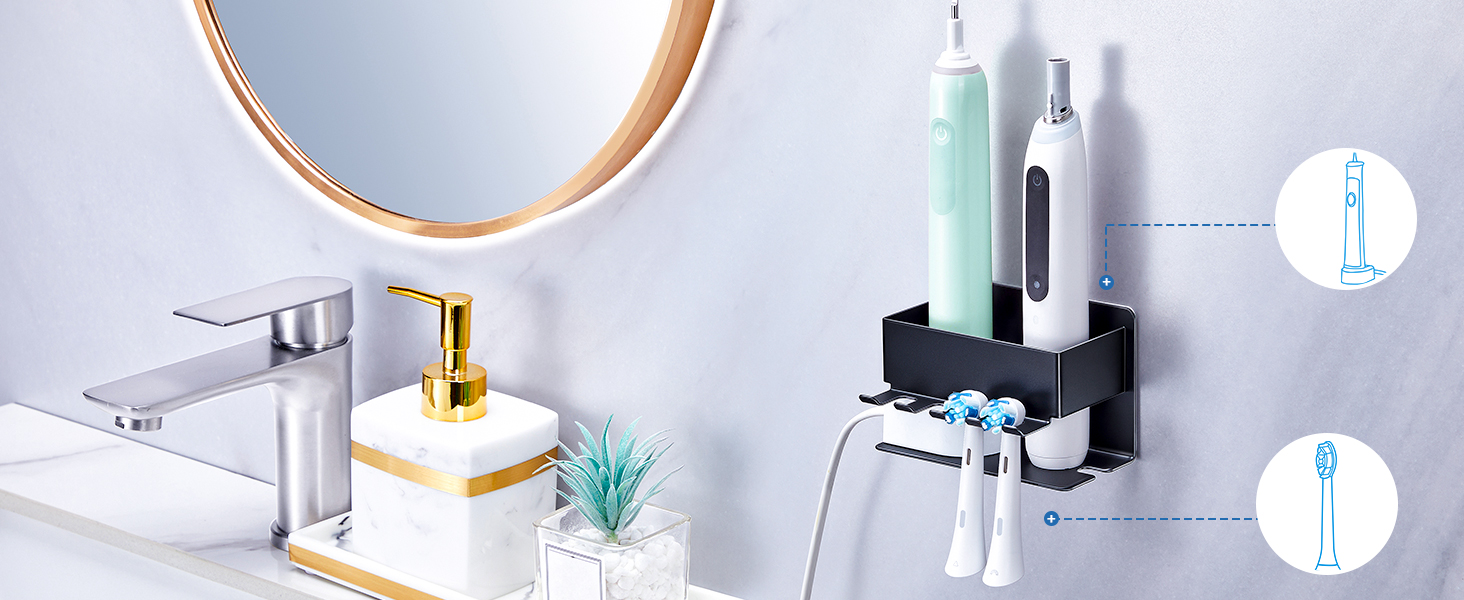 Тримач для зубних щіток настінний, для електричної зубної щітки, з підставкою для насадок, без свердління, чорний, компактний