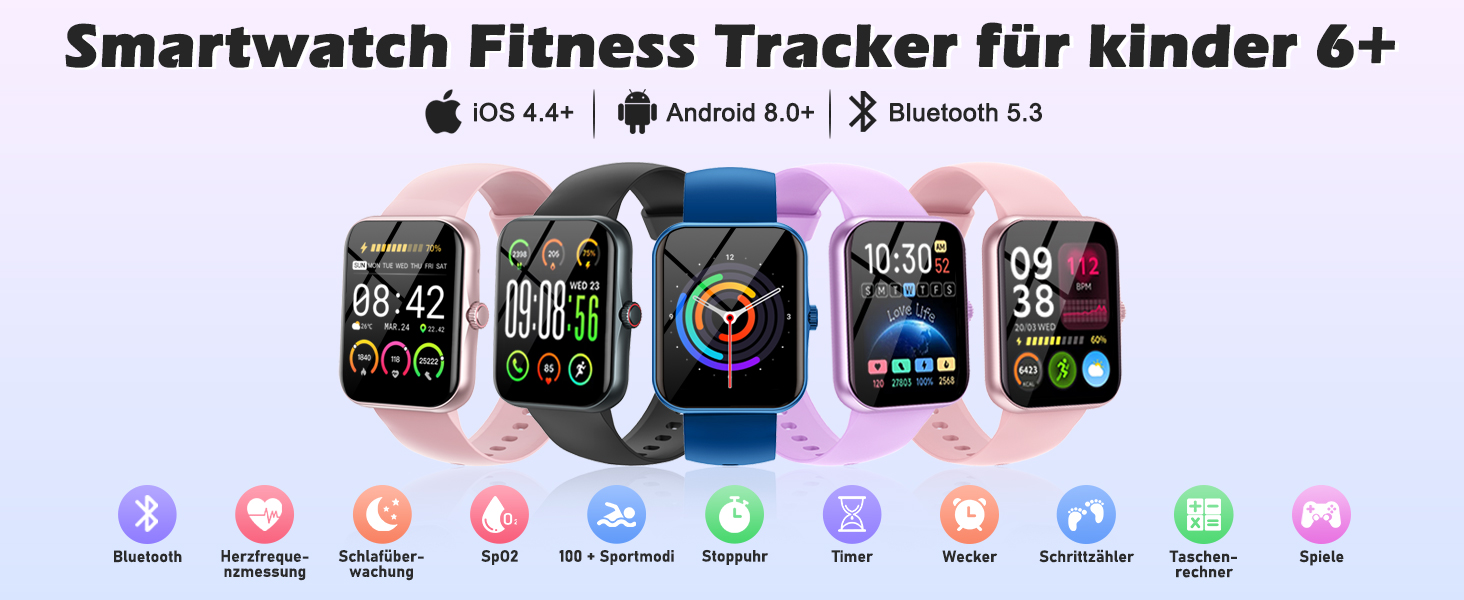 Дитячий розумний годинник-фітнес-трекер Kinder з 1.83' HD екраном, крокоміром, IP68 водонепроникністю, 120 спортивними режимами, монітором сну та будильником для дітей 5-16 років (блакитний)