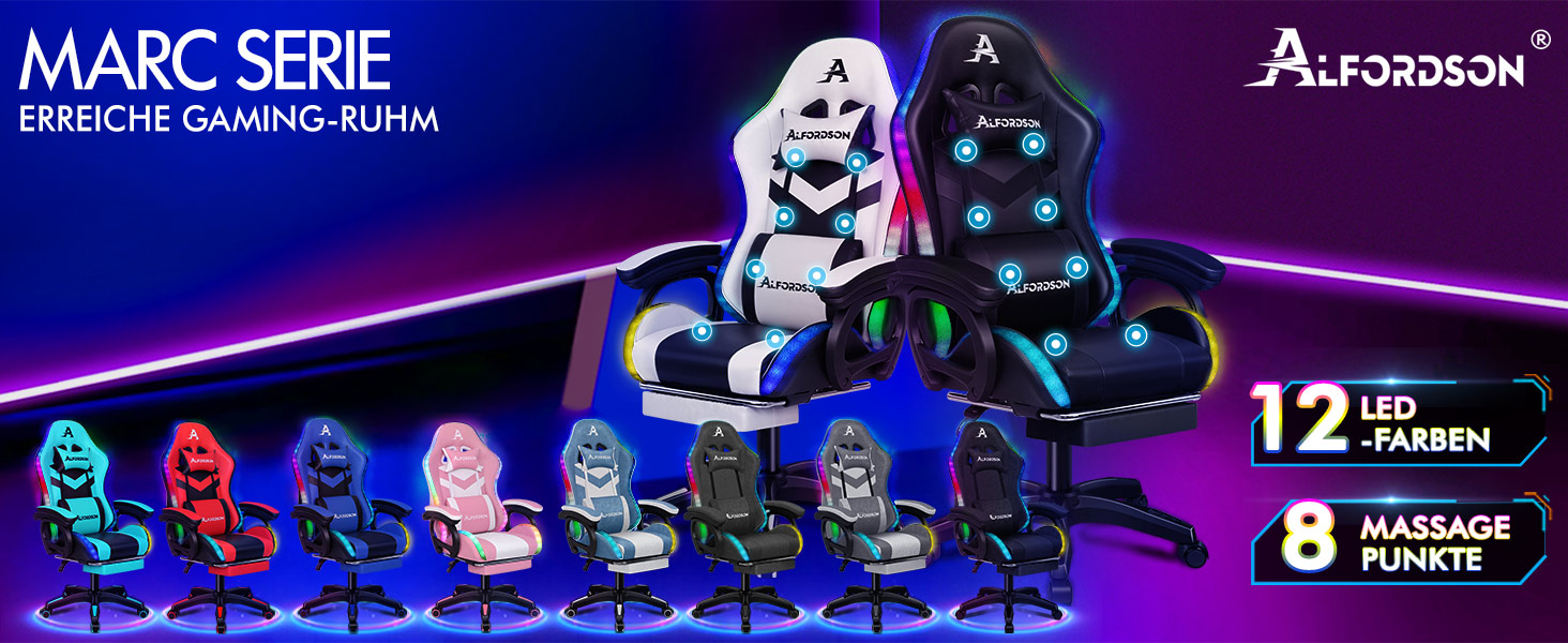 Ігровий крісло ALFORDSON з 8-точковим масажем, RGB LED-підсвічуванням (12 кольорів), ергономічний офісний крісло з підніжкою, підголівником та поперековою подушкою для дітей та дорослих, з PU-шкіри (Цянь)