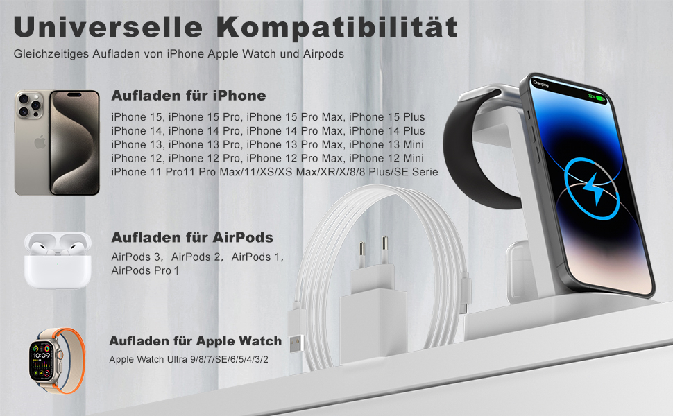 Бездротова зарядка 3 в 1 з адаптером 18W: сумісна з iPhone, Apple Watch, AirPods