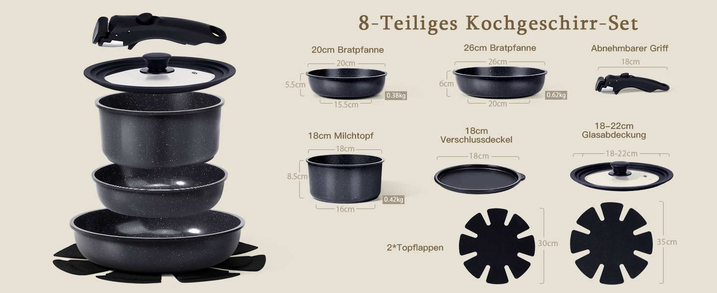 Набір посуду Induktion GiPP 8 предметів: сковороди, каструлі з кришками, антипригарне покриття, знімні ручки, чорний