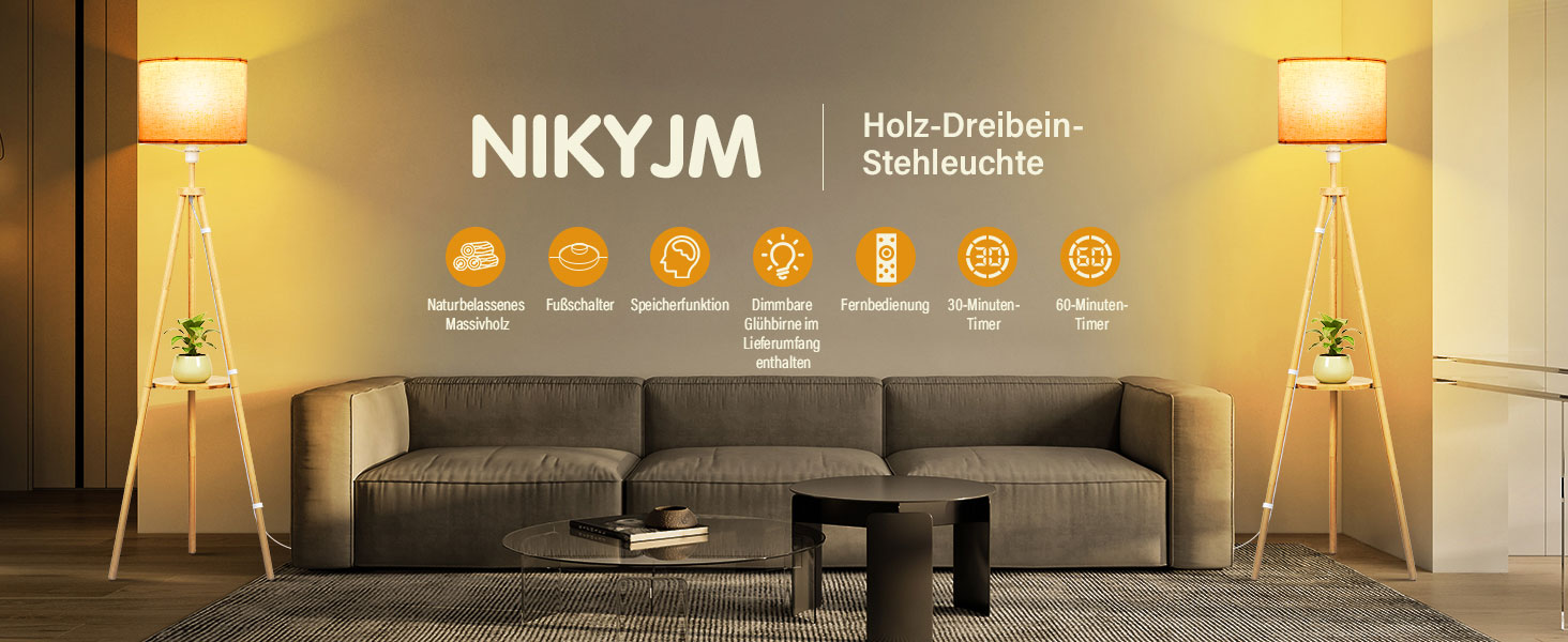 Стельова лампа для вітальні з полицею, дерев'яна LED-стійка лампа з регулюванням яскравості, тринога, 3 колірні температури, таймер на 30/60 хвилин, абажур, вимикач на корпусі для вітальні, спальні, офісу.