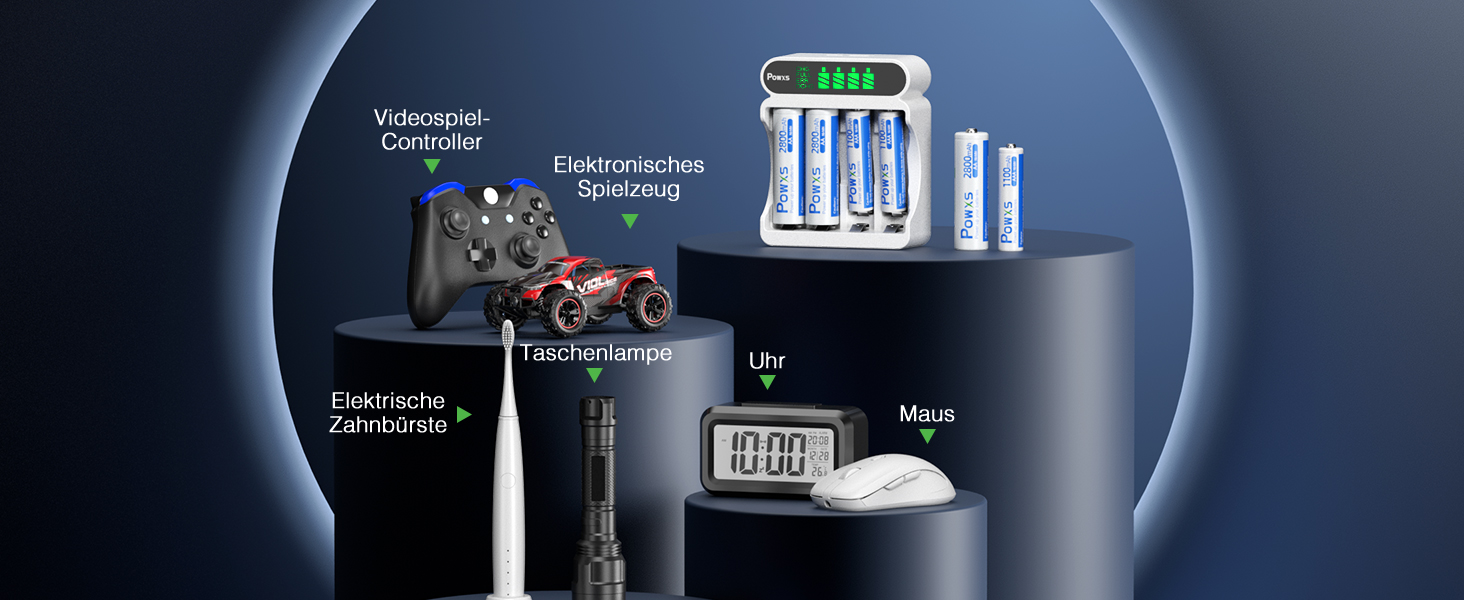 Зарядний пристрій POWXS для акумуляторів NI-MH NI-CD AA AAA з LCD-дисплеєм, універсальний, Micro USB & Type-C, безпечний