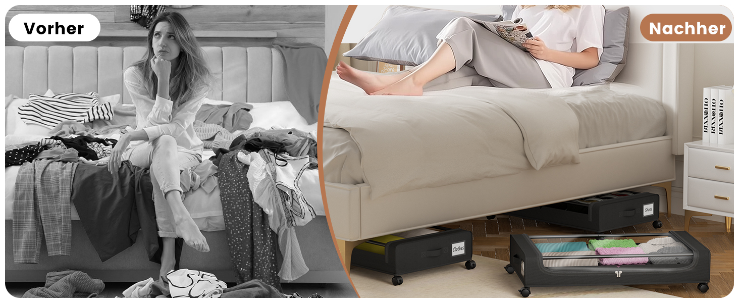 Коробки для зберігання під ліжко PHINOX з колесами, 2 шт (74x42x16 см) - місткі контейнери для одягу, взуття, іграшок з прозорою кришкою