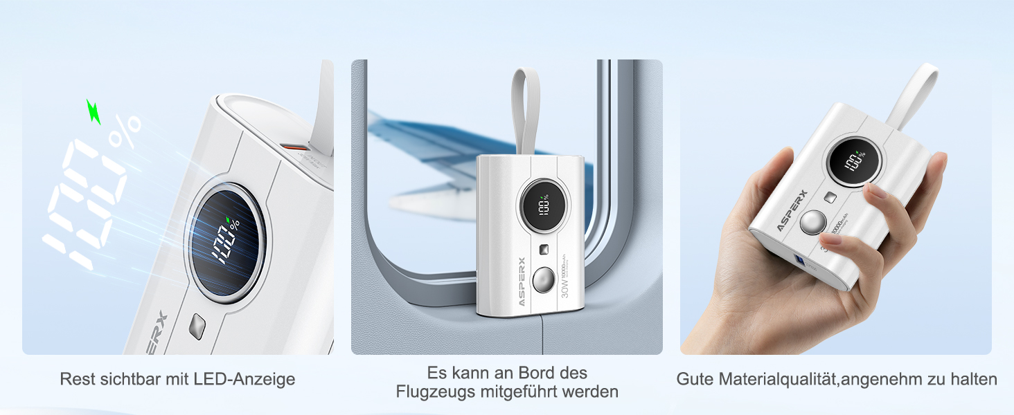 Power Bank AsperX 10000mAh з PD 30W, USB-C, білий. Швидка зарядка для iPhone 15/14, iPad. Компактний акумулятор