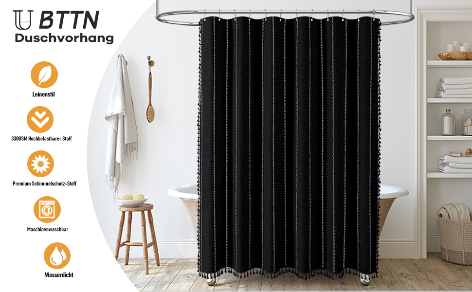 Шторка для душу BTTN 182 x 200 см, бохо-фермерський стиль, важка тканина, смугастий дизайн, бахрома, водовідштовхувальна, з вантажами, 12 гачків, чорно-біла, H200 x B180 см