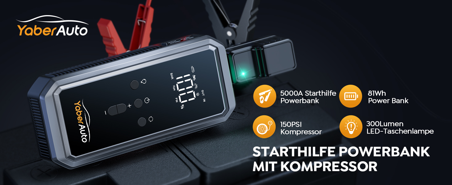 Портативний пусковий пристрій YaberAuto YA70 з компресором 150 PSI, акумулятором 21800 mAh та світлодіодним ліхтарем 300 люменів. 4-в-1: пусковий пристрій, павербанк, компресор та ліхтар з LCD екраном.
