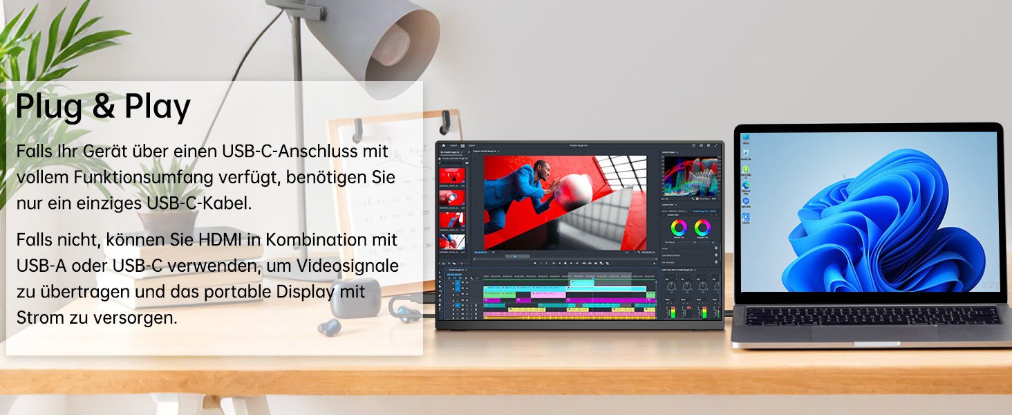 Портативний монітор 15.6' FHD IPS з динаміками та підставкою, ультратонкий додатковий екран для ноутбука/ПК/Mac - USB-C & HDMI, з захисним чохлом, матовий чорний 15.6