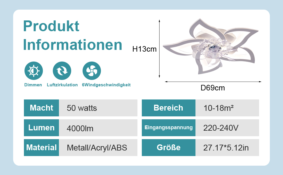 Тихий стельовий вентилятор з підсвічуванням Leise, LED, диммування, 5 ламп, 69 см, білий