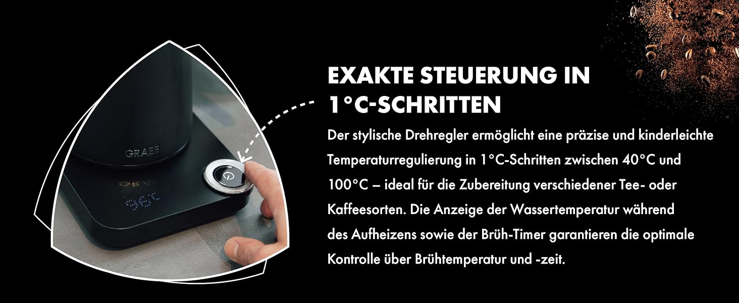 Чайник Pour-Over GRAEF GK502, з регулюванням температури та таймером, з гусячим носиком, 900 мл, матовий чорний