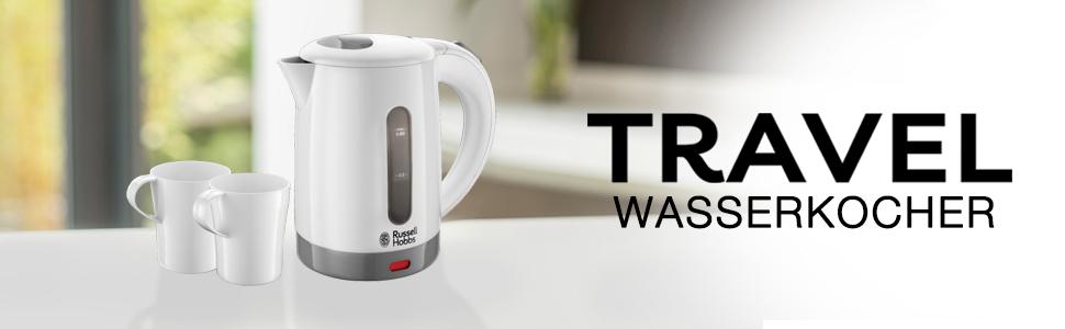 Електричний чайник Russell Hobbs 0.85л з адаптацією до напруги, для подорожей (1000W, 2 чашки, 2 ложки)