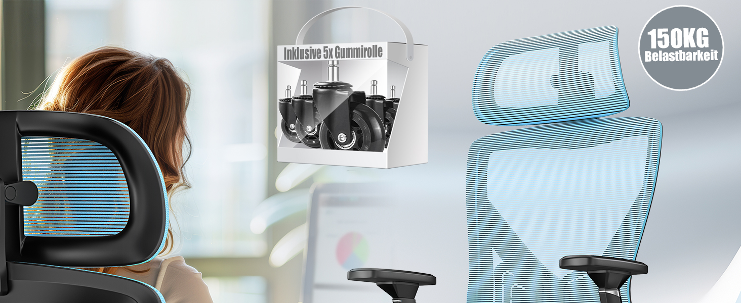 Крісло офісне KESSER® ергономічне з регульованими підлокітниками, поворотне з підтримкою попереку, з підголівником, функція гойдання до 125° та 5 роликів, блакитне/сріблясте