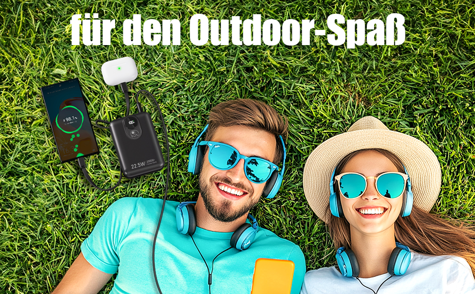 Power Bank 20000mAh з інтегрованим кабелем: швидка зарядка 22.5W, USB C (вхід та вихід), акумулятор для телефону, повербанк з 4 виходами та 2 входами, білий/чорний