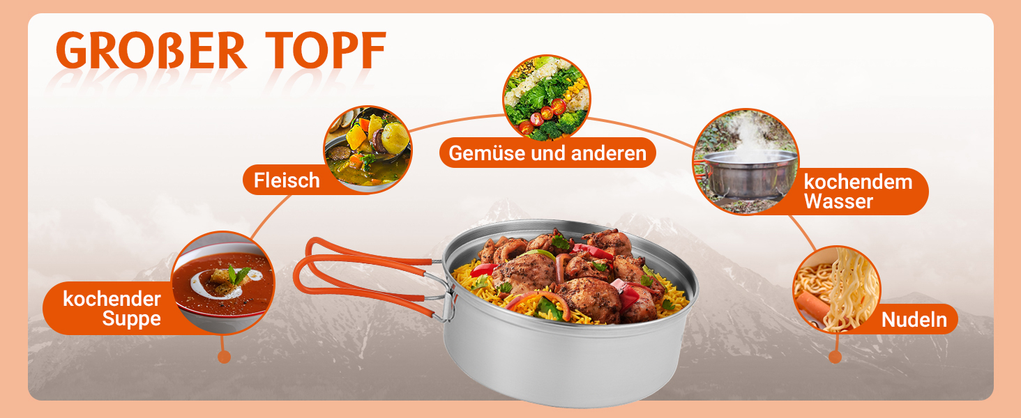 Набір посуду для кемпінгу KingCamp на 2-4 особи: нержавіюча сталь, складаний посуд, легко важить, набір каструль та сковороди для кемпінгу, 2 каструлі + 1 сковорода + столові прибори