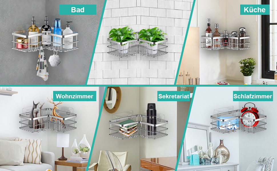 Дзеркальна поличка для душу Yazoni без свердління (2 шт.) - кутова поличка з гачками, нержавіюча сталь, срібна