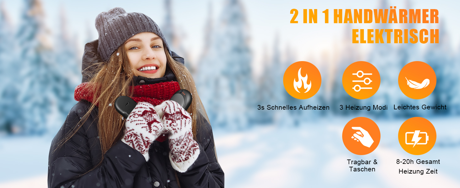 Електричний нагрівач для рук, перезарядна пара з 6000mAh, кишеньковий нагрівач з USB-кабелем, 3 режими нагріву, 20 годин тепла, акумуляторний кишеньковий нагрівач для активного відпочинку взимку, чорний