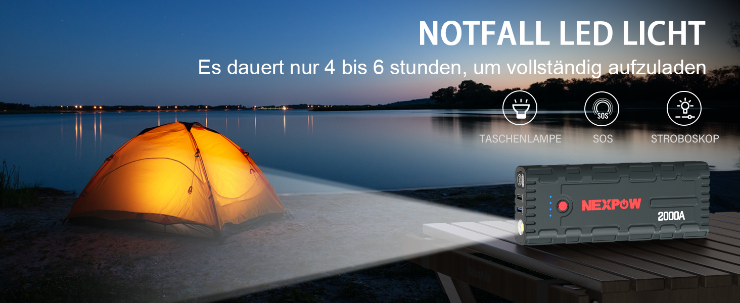 Powerbank NEXPOW Starthilfe: портативний пусковий пристрій для авто 2000A, 12V, USB-швидка зарядка 3.0 (до 7.0L бензин/6.5L дизель), LED-ліхтар, сірий