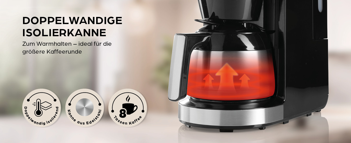 Кавомашина Barista Filterkaffeemaschine з регульованим млинком та термокружка | Функція підігріву, таймер 24 год та перманентний фільтр | Для 10 чашок кави | Кавомашина для зерен та меленої кави [Нержавіюча сталь] (8) Нержавіюча сталь (Pro Design) - Термокружка - з млинком