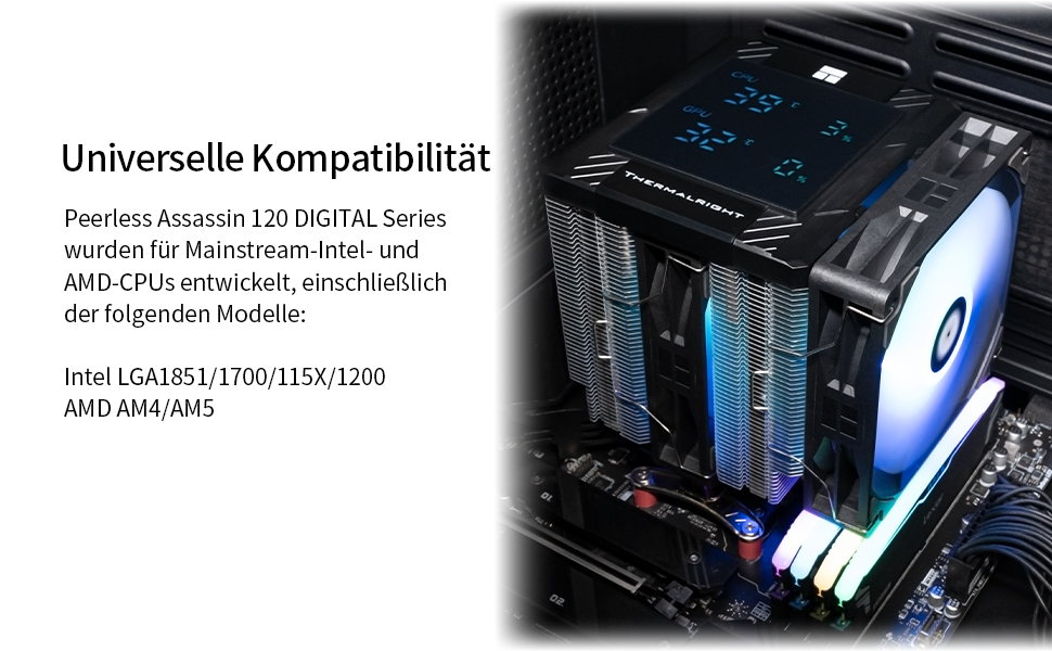 Кулер для процесора Thermalright Peerless Assassin 120 Digital ARGB White — двовежевий повітряний охолоджувач з цифровим дисплеєм для AM4/AM5, Intel LGA1851/1700/1200