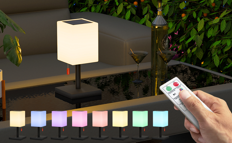 Світлодіодний солярний настільний світильник для вулиці 2-в-1, чорний - бездротовий, з сонячною зарядкою, 8 кольорів, для саду, кемпінгу та столу