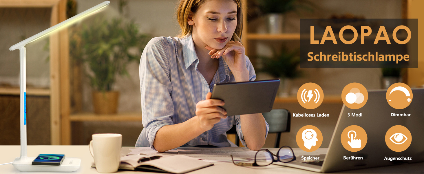 LED настільна лампа з бездротовою зарядкою та USB-портом, диммування, годинник, 3 режими освітлення, Tx26cwhite-eu