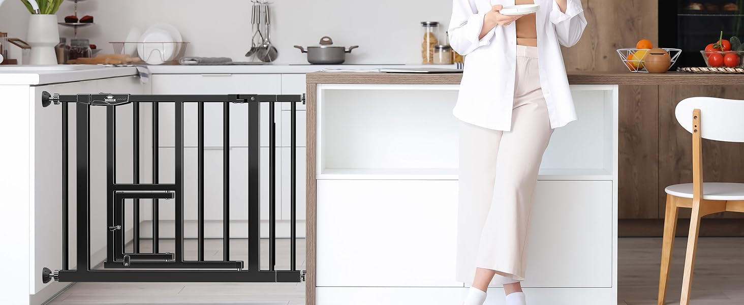 Захисне ворота KIDIZ для дітей з люком для котів, без свердління | Захист від падіння, поворотне, біле/помаранчеве, ширина 74-80 см