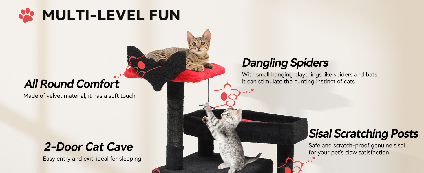 Кігтеточка YITAHOME Готичний XL, 160 см, з 4 колонами з сизалю, 1 дощечкою для шліфування, гамаком, 2 кулями-мавпами, платформами-ліжками, для шліфування, чорна (40 x 48 x 111 см)