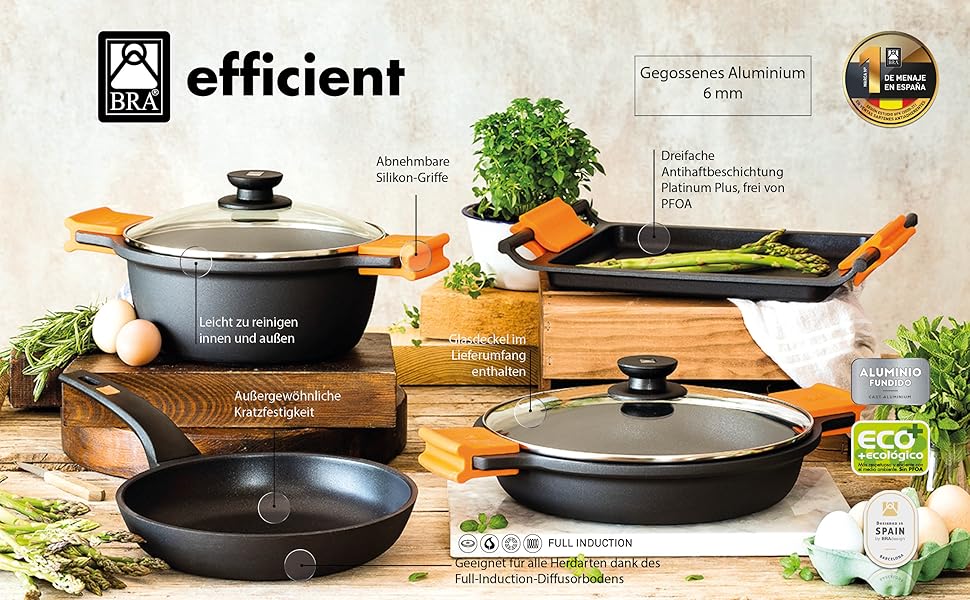 Каструля BRA Efficient 24 см, чорна, алюмінієва з кришкою