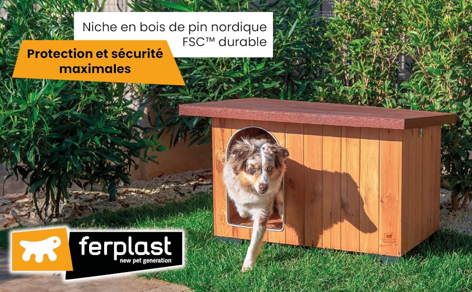 Будка для собак Ferplast BAITA 40 з FSC-дерева, для маленьких собак, Outdoor, вологостійка, ізольовані пластикові ніжки, двері з алюмінієвою захисною кромкою, 39 x 50 x 43 см