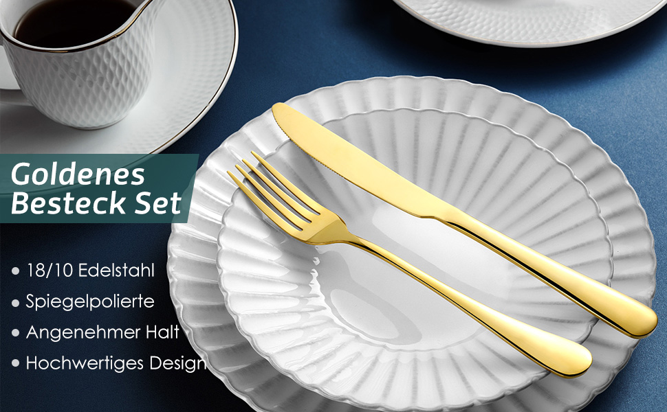 Набір столових приборів OGORI для 6 осіб, 30 предметів, золотий, з нержавіючої сталі 18/10, для дому/ресторану/вечірки (у подарунковій коробці)