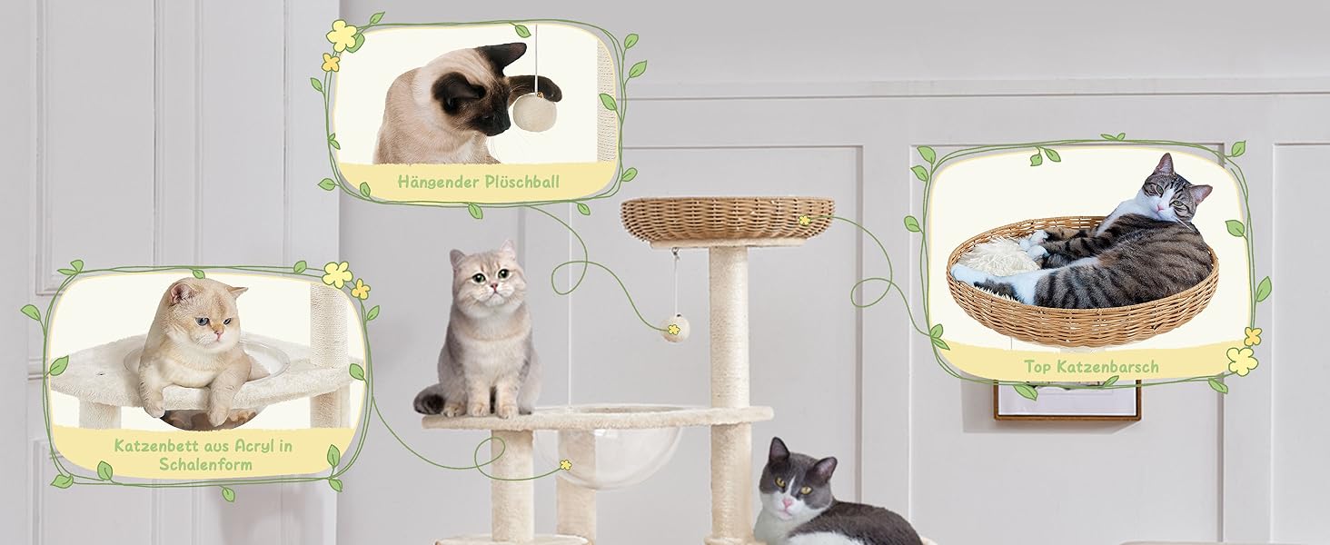 Котячий будиночок Yaheetech з когтеточкою, 137.5 см, ротанг, для великих котів, стабільний, з будиночком, кошиком, сизаль, бежевий