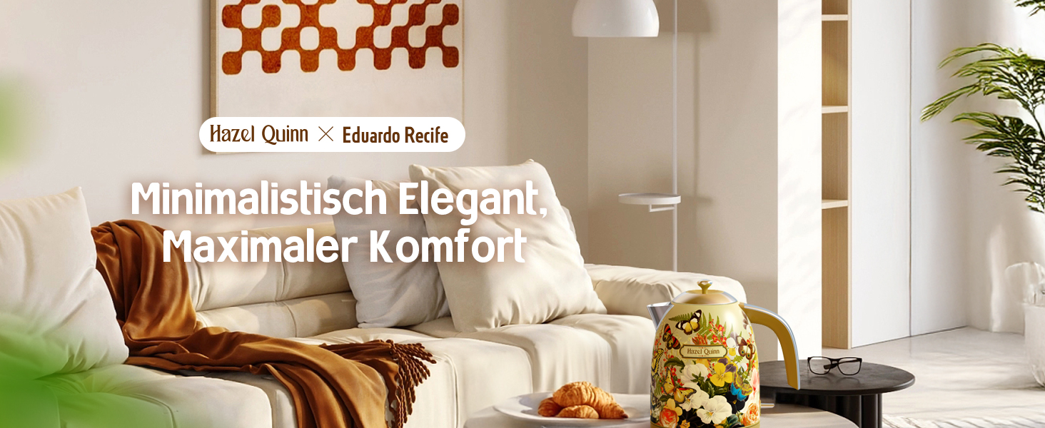 Електричний чайник Hazel Quinn Schneller 1.7л, 2200W, нержавіюча сталь 304, швидкий кип'ятіння, автоматичне вимкнення, захист від сухого кип'ятіння, вінтажний дизайн, BPA-free, перловий білий (жовтий з квітковим візерунком)