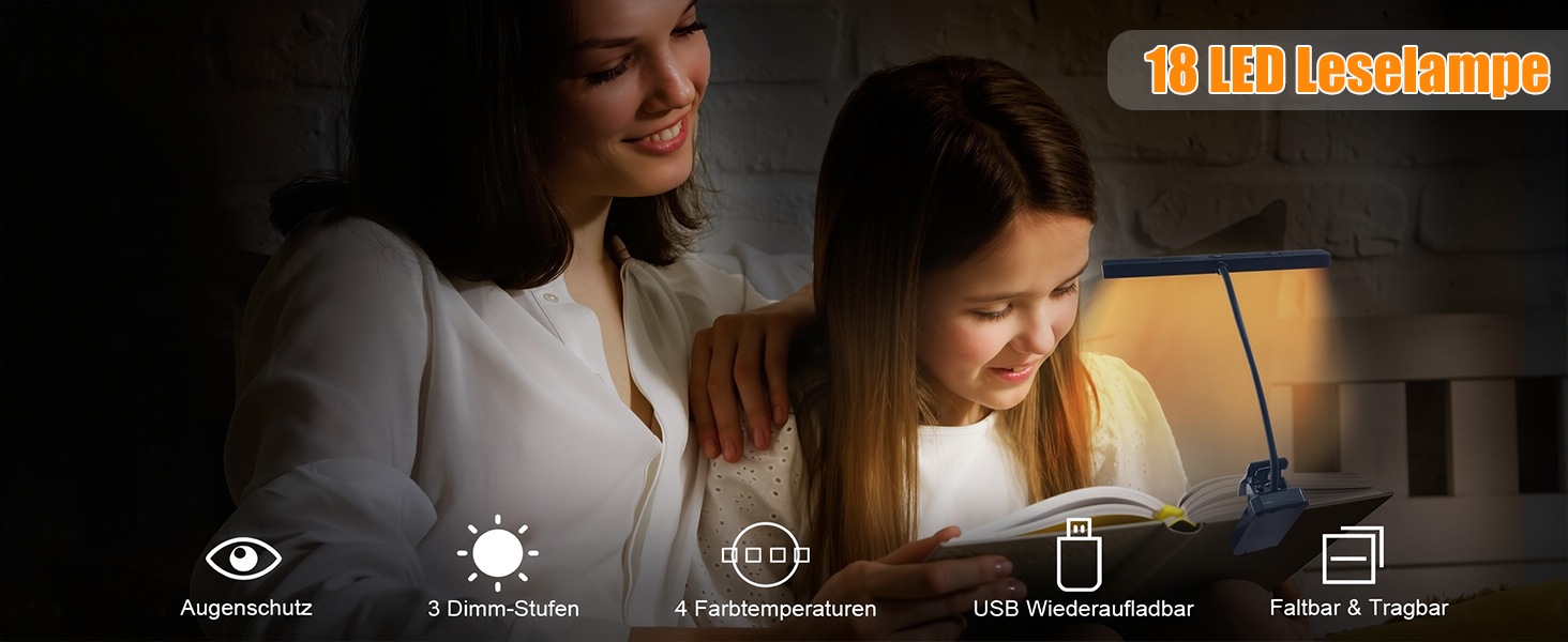 Світлодіодна кліпса-лампа для читання CCHK-18 з USB зарядкою та акумулятором, 18 LED, 4 режими світла, 3 рівні яскравості, складна, для книги, ліжка, офісу, подорожей