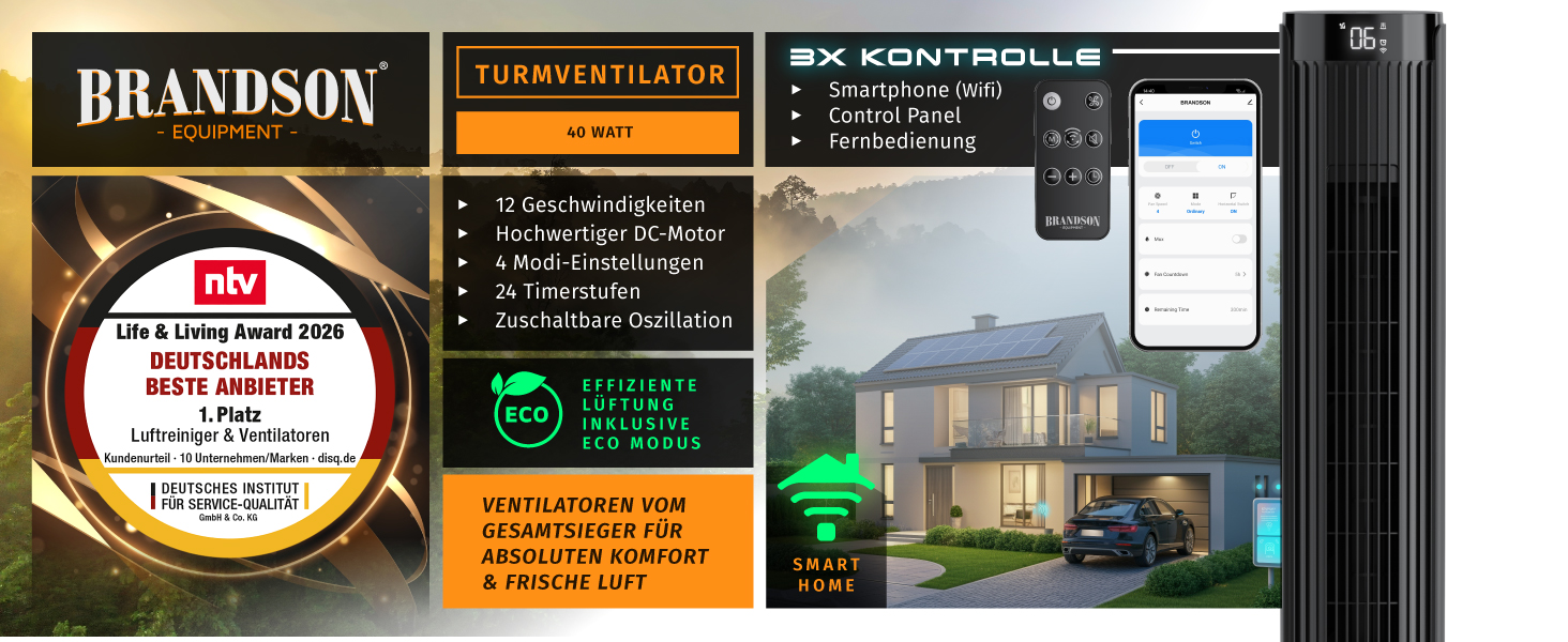 Вентилятор підлоговий Brandson DC Turm з Wi-Fi, керування через Smart Life, енергоефективний, тихий, з пультом - ECO GREEN