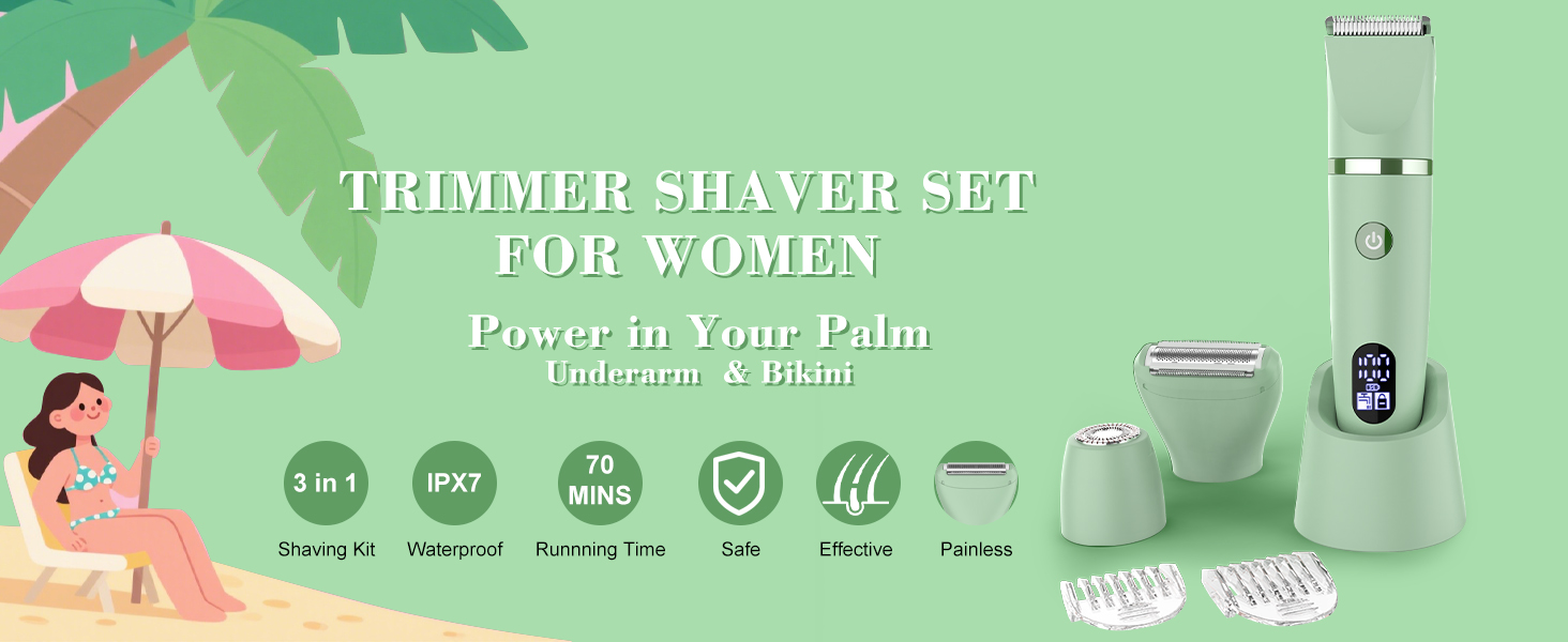 Електричний жіночий триммер для тіла 3-в-1: обличчя, ноги, зона бікіні. Вологостійкий, з LCD-дисплеєм (зелений)