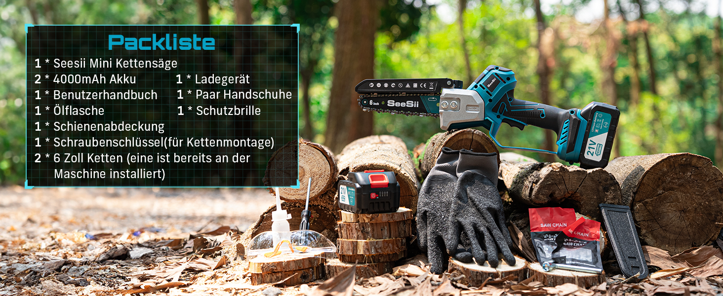 SEESII Безщіткова міні-бензопила 6 дюймів, акумуляторна ручна пила з 2 * 4000 mAh акумуляторами, одноручна пила з автоматичним змащуванням, сумісна з акумулятором Makita 18V, електрична пила для дерева, гілок 6 дюймів безщіткова
