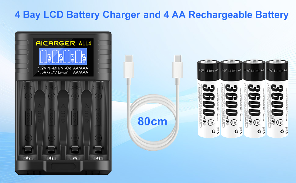 Зарядний пристрій для акумуляторів AA/AAA AICARGER з LCD дисплеєм, 4 слоти, 5V/2A, USB-C, 4 x AA 3600mAh в комплекті