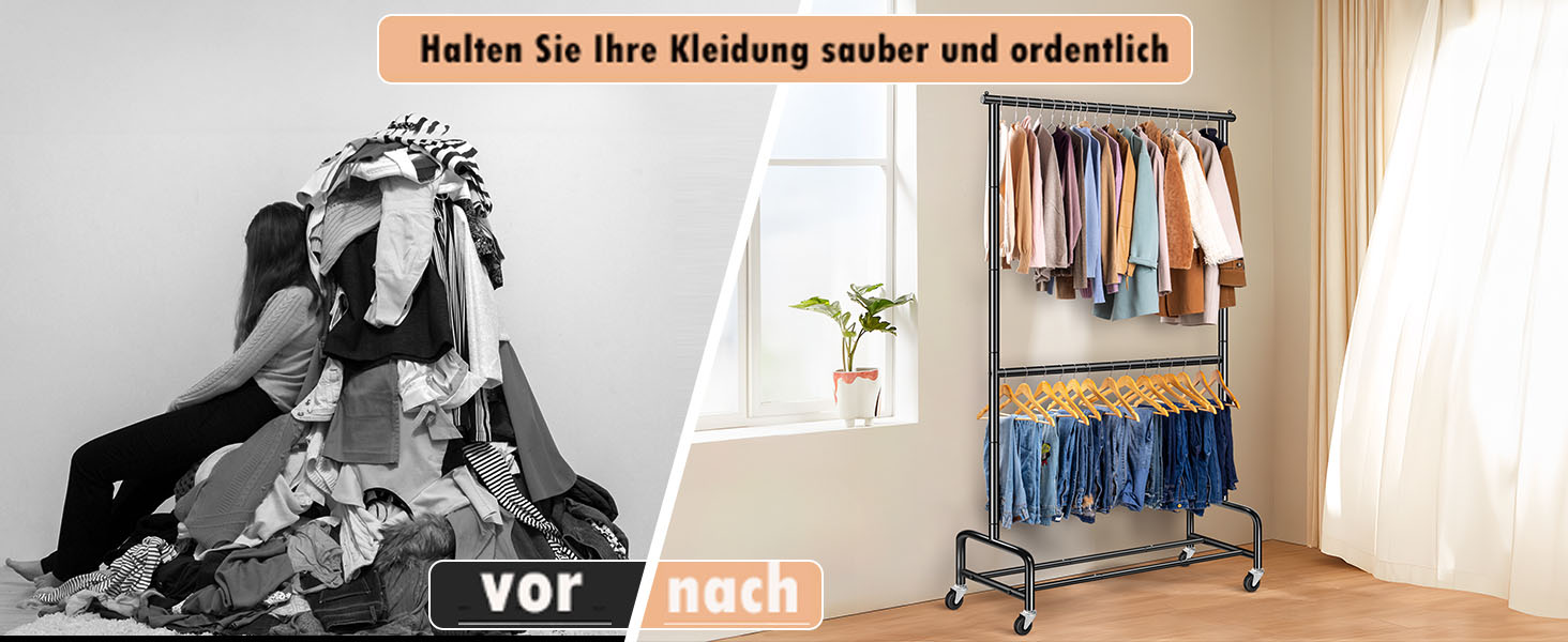 Міссло важкий одяговий вішак на колесах з подвійною перекладиною, металевий, мобільний, для зберігання одягу, чорний, регульований