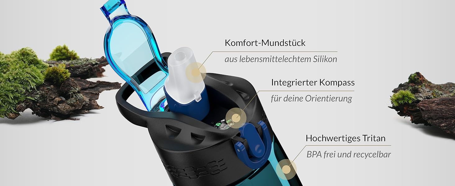 BERGKVIST® Outdoor Water Filter Bottle OBSIDIAN (650ml) with Compass - Filter Water Bottle for Clean Drinking Water - Water Purification for Camping, Prepper & Survival Gear (Turquoise)