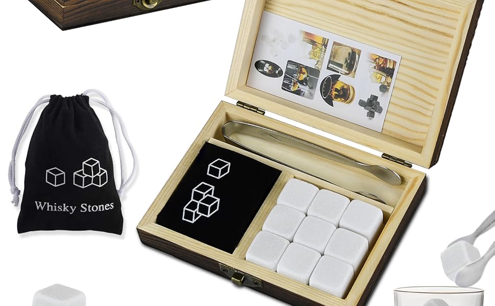Камені для віскі Whiskey Steine, Набір каміння для охолодження віскі, 9 багаторазових каміння, Подарунковий набір Whiskey Steine