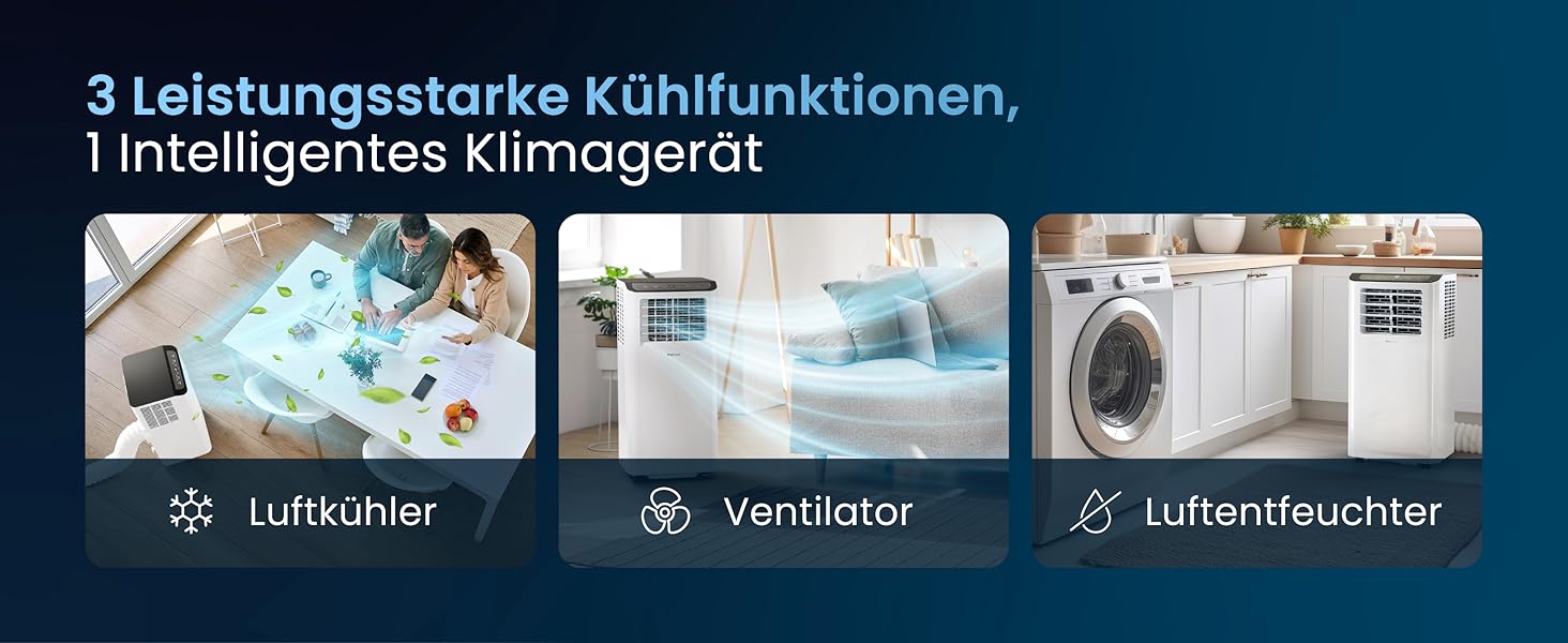 Мобільний кондиціонер Pro Breeze™ 4-в-1: охолоджувач, вентилятор, осушувач повітря, нічний режим, клас енергоефективності A, комплект ущільнювача для вікна, пульт дистанційного керування та таймер 24 години, білий (12000 BTU, Smart App)
