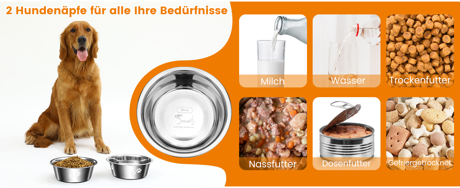 PETTOM Миски для собак з нержавіючої сталі, 2 шт. (3120 мл), миска для корму для собак великих, середніх та маленьких порід, миска для води з неслизьким силіконовим дном, розмір M - 21 см, срібний колір